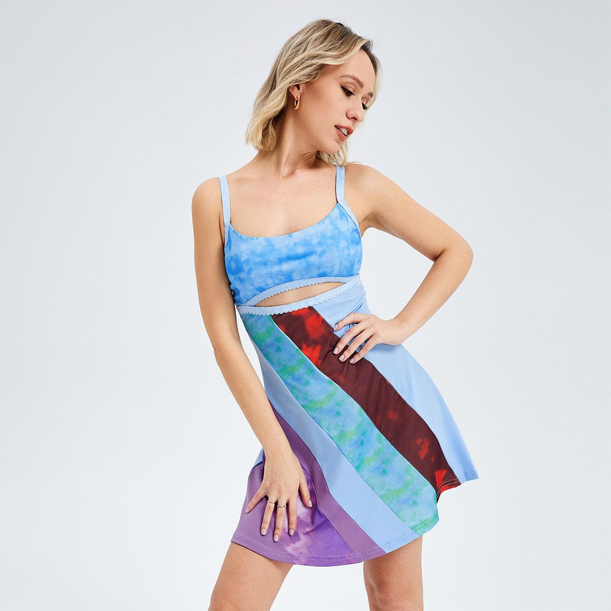 Lovemi -  Fashionable Back Suspender Sexy U -collar Color Hollow A -line Skirt Dress