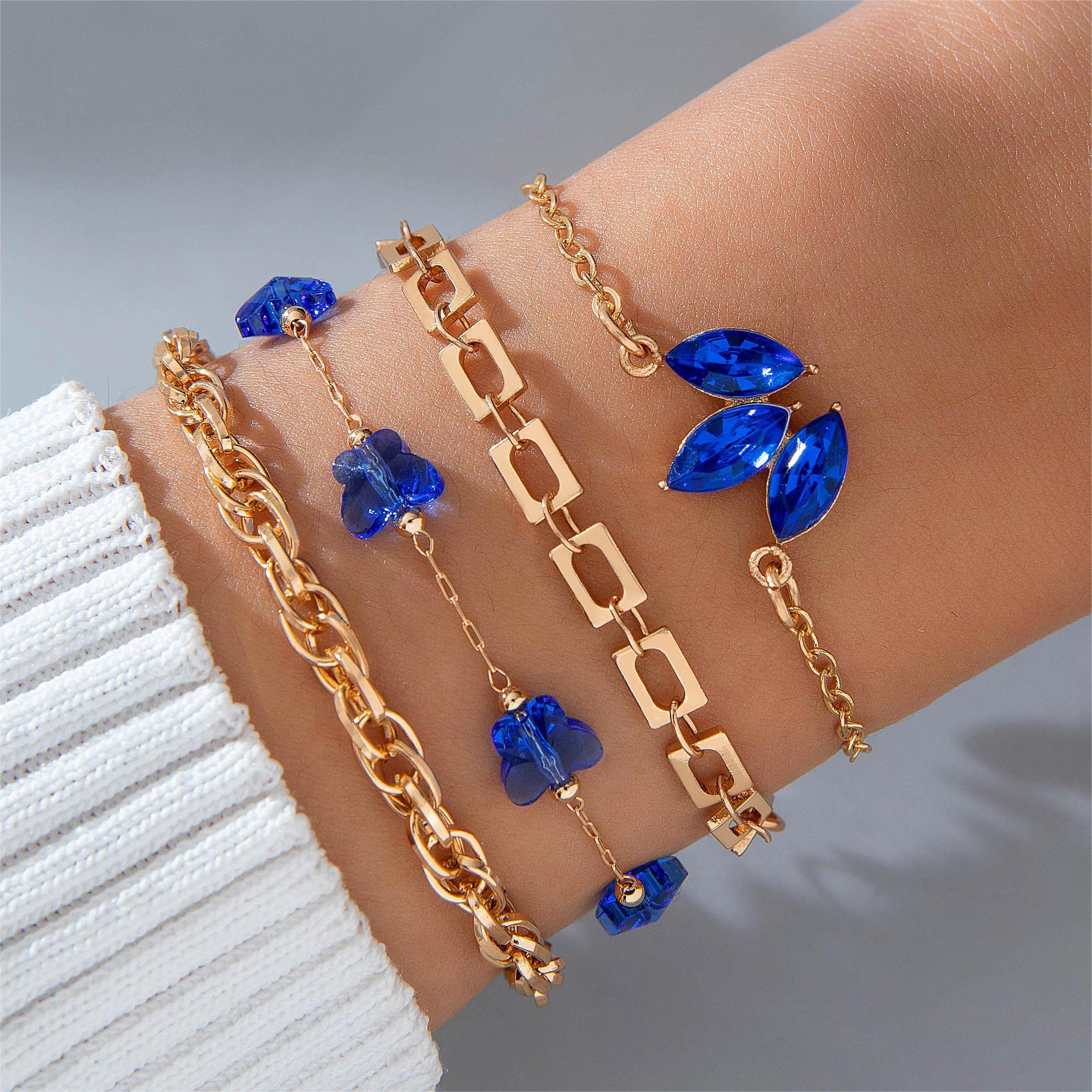 Lovemi -  4pcs Blue Flower Love Butterfly Bracelet Set With Rhinestones Design Valentines Day
