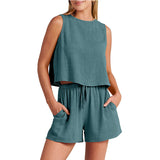 Women's Set Summer Sleeveless Tops And Drawstring Shorts Fashion Suit 2pcs