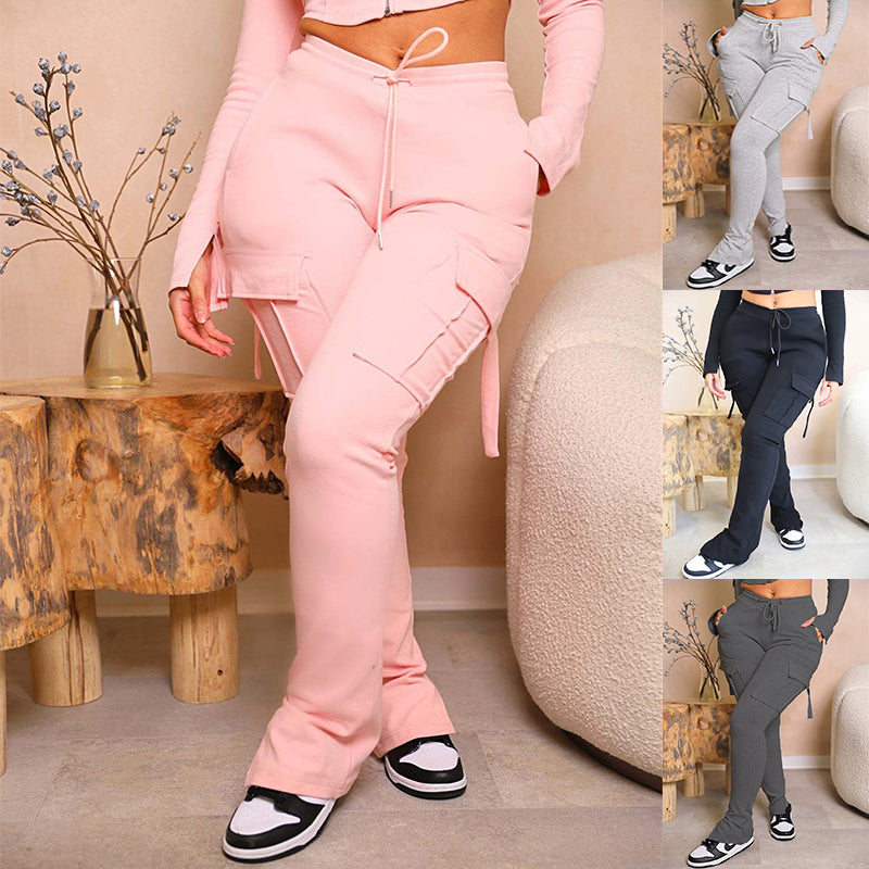 Lovemi -  Cargo Pants With Pockets High Waist Drawstring Wide Leg Straight Trousers For Women Overalls