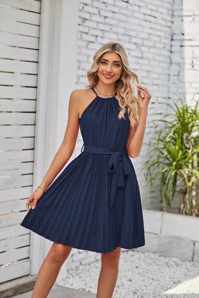 Lovemi -  Halter Strapless Dresses For Women Solid Pleated Skirt Summer Beach Sundress