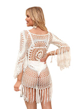 European and American vacation style handmade crochet off shoulder long sleeved beach cover up with hollowed out loose fitting bikini swimsuit cover up