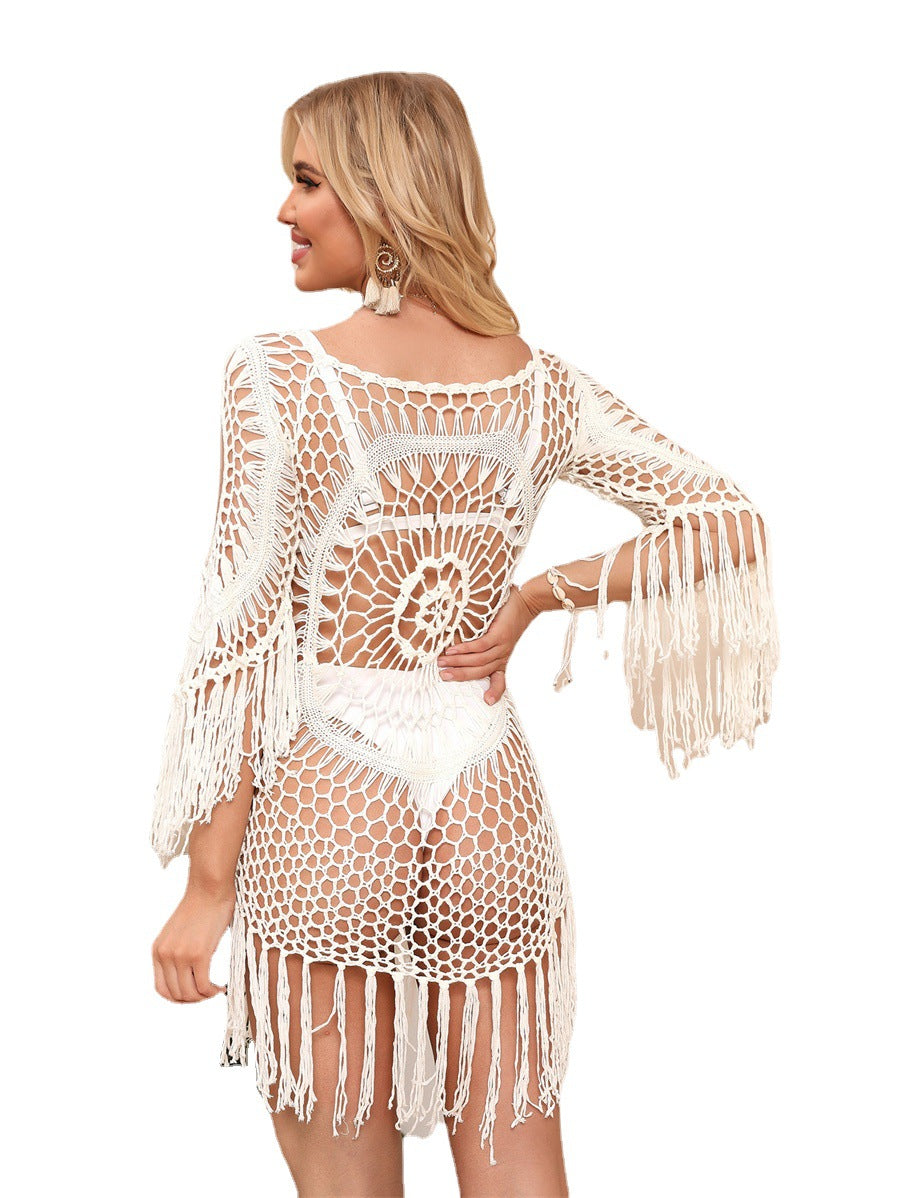 Lovemi -  European and American vacation style handmade crochet off shoulder long sleeved beach cover up with hollowed out loose fitting bikini swimsuit cover up