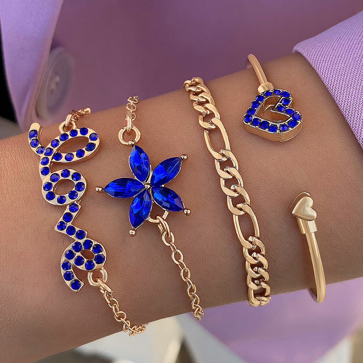 Lovemi -  4pcs Blue Flower Love Butterfly Bracelet Set With Rhinestones Design Valentines Day
