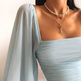 High Waist Long-Sleeve Sheath Mini Dress Blue Flat-Fitting Collar Sexy Dress Solid Color Fashion Slim Fit Bodycon Dresses