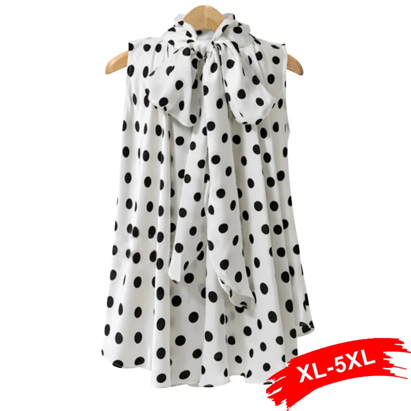 Lovemi -  Plus Size Bow Print Big Dot Turtleneck Blouses Shirts 4XL 5XL Streetwear Sleeveless Loose Blouse