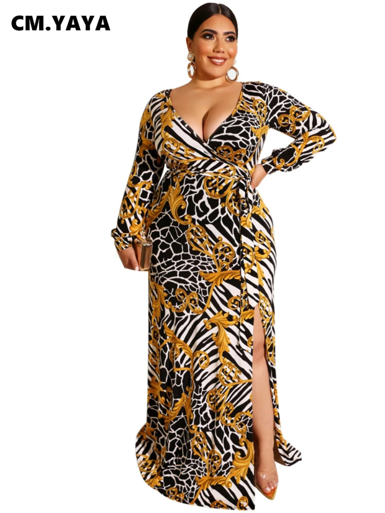 Lovemi -  CMYAYA Plus size XL-5XL Autumn women fashion Print Sashes Long Maxi dress open Bodycon night Beach Casual dresses vestidos