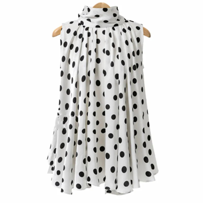 Lovemi -  Plus Size Bow Print Big Dot Turtleneck Blouses Shirts 4XL 5XL Streetwear Sleeveless Loose Blouse