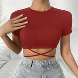 Ladies' Solid Color Cross-Tie Short Sleeve Top – Round Neck, Tight Fit