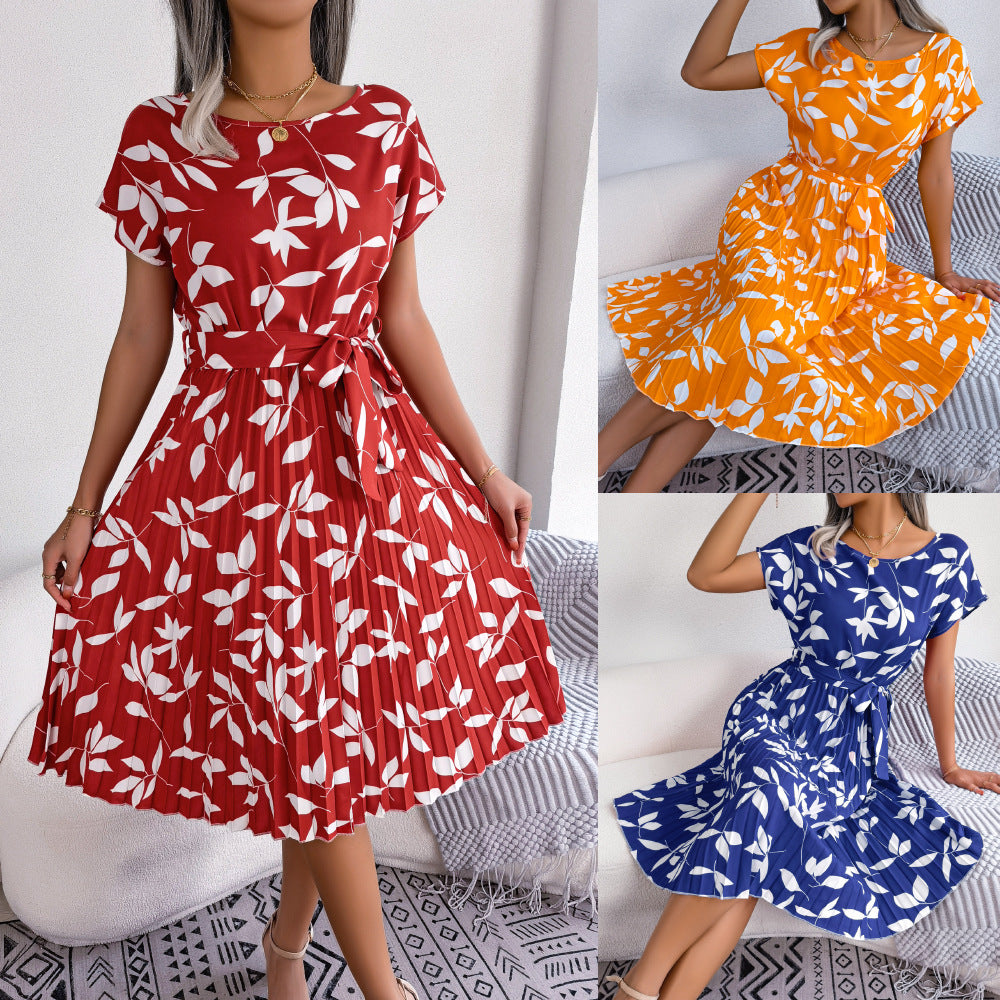 Lovemi -  Leaf Print Dress Women Short Sleeve Lace-up Skirt Summer Beach Dress