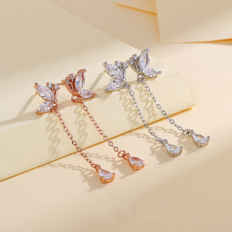 Lovemi -  S925 Butterfly Zircon Tassel Earrings Women's Niche Exquisite Long Earrings Jewelry