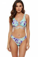 Blue and purple tie-dye bikini set with wrap-around straps and keyhole top, trendy summer swimwear on white background