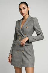 Chic grey plaid blazer dress for women - tailored double-breasted mini dress with belt