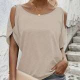 Ladies' Summer Off-Shoulder Split Sleeve T-Shirt – Loose Fit, Solid Color, and Effortlessly Stylish