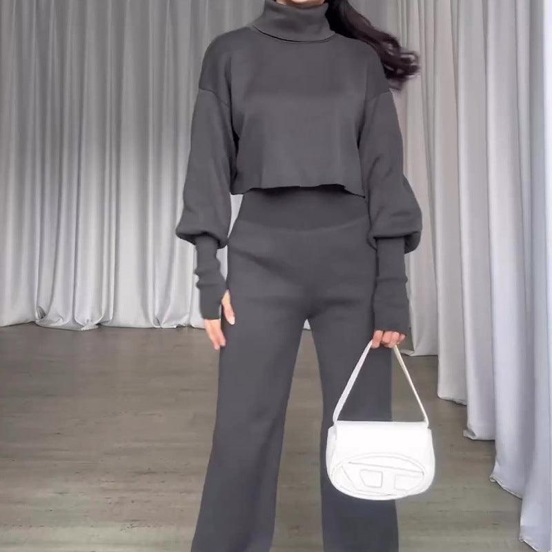 Lovemi -  Fashion Suit Gray Turtleneck Long-sleeved Top And High-waisted Trousers