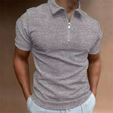 Men's Summer Slim Fit Short Sleeve Zipper Stripe Lapel Polo Shirt