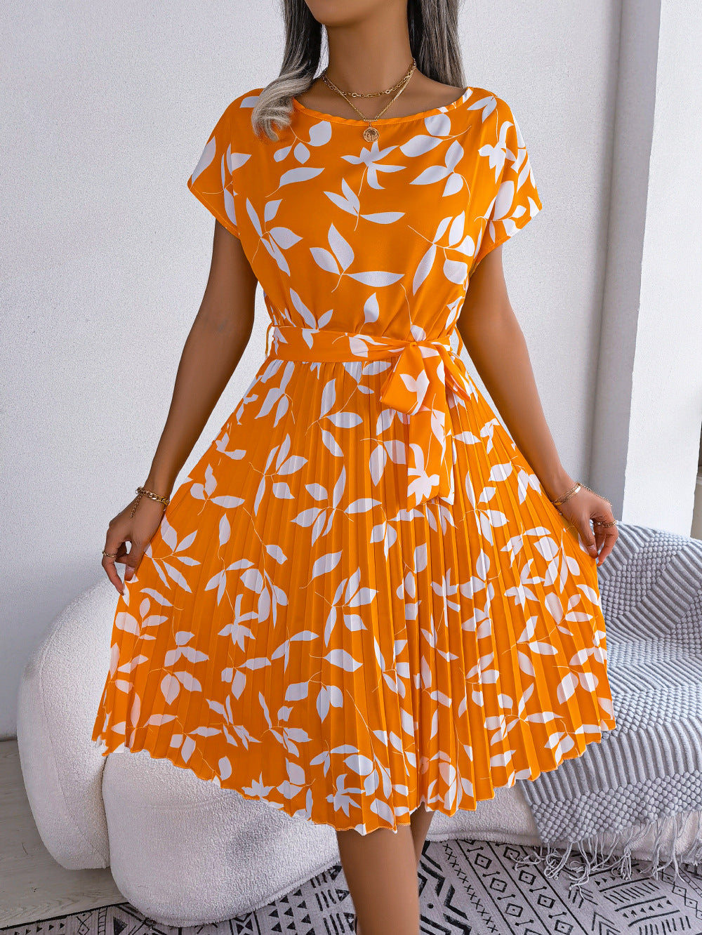 Lovemi -  Leaf Print Dress Women Short Sleeve Lace-up Skirt Summer Beach Dress