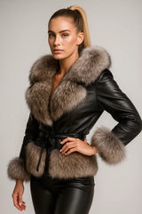 Women's black leather jacket with faux fur collar and cuffs - luxury winter style