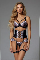 Elegant black and white lace lingerie set with garter belt - bra, thong, and suspender straps