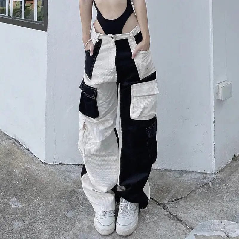 LOVEMI  cargo Black and white / S Lovemi -  Street Shot Fashionable Color Contrast Multi Pocket Cargo Pants