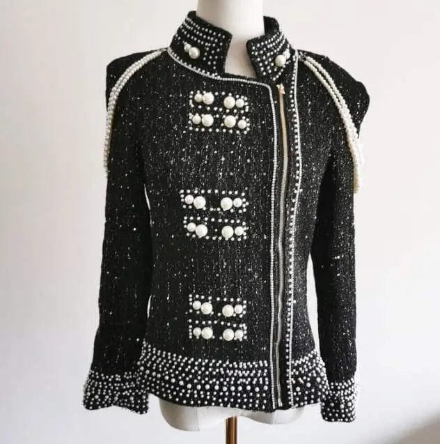 LOVEMI Jackets Black / M Lovemi -  Pearl sequins heavy beaded shoulder pearl tassel jacket
