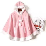 Kids' Hooded Fleece Cape with Pompom Buttons-Pink-1