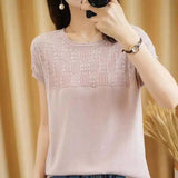 Women's Short Sleeve Knit Top with Textured Design-Pink-1