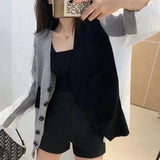 Women's Casual Buttoned Cardigan & Shorts Set-Grey-1