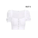 Womens Puff Sleeve Crop Top with Button Detail-1