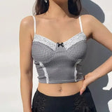 Plaid Cami Women Lace Trim Bow Cute Crop Tops-Photo color-1