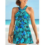 Turtleneck Crossover Print Flare Skirt Swimsuit-1