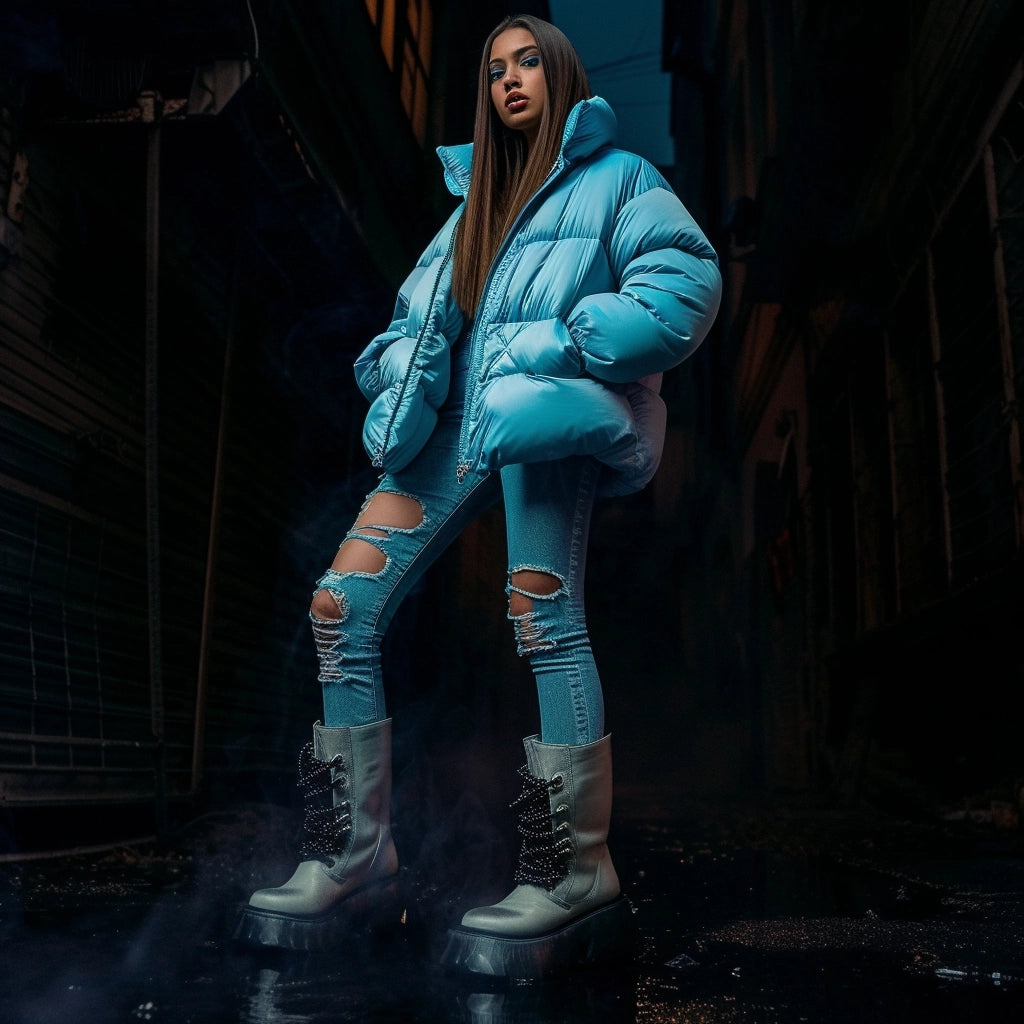 Fashion-forward model in a puffy sky-blue jacket and distressed jeans with trendy white combat boots, from the Clothing Collection, in an urban alleyway setting