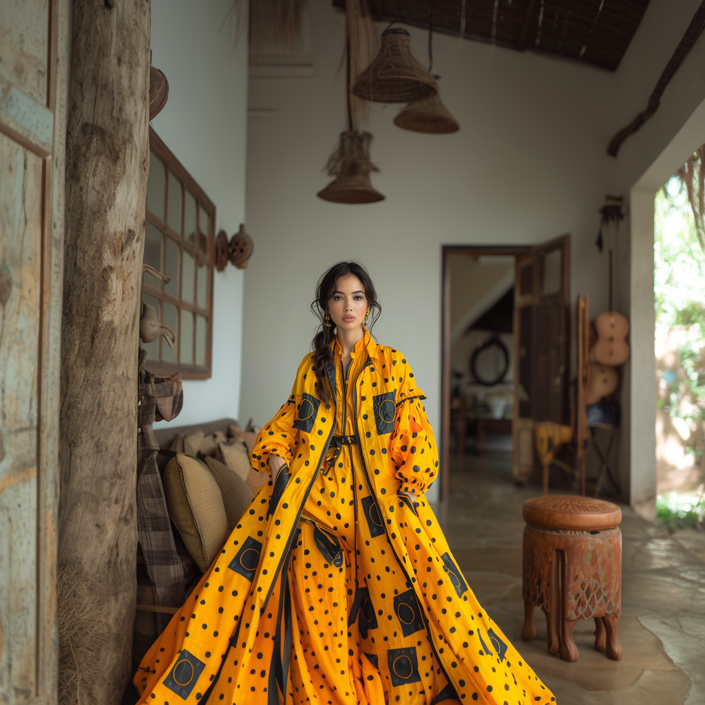 Model in vibrant yellow and black patterned maxi dress from the Clothing collection, featuring ethnic-inspired designs, in a rustic indoor setting
