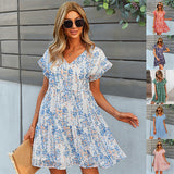 Flowers Print Short-sleeved Dress Summer Loose Chiffon A-line Dresses Fashion Casual Holiday Beach Dress For Womens Clothing