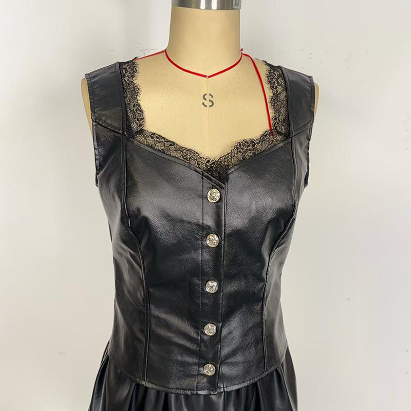 Faux Leather Lace Trim Vest