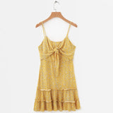 Robe d'été pour femmes, imprimé Floral jaune, tenue de plage décontractée, garniture à volants, bretelles Spaghetti, Mini robe