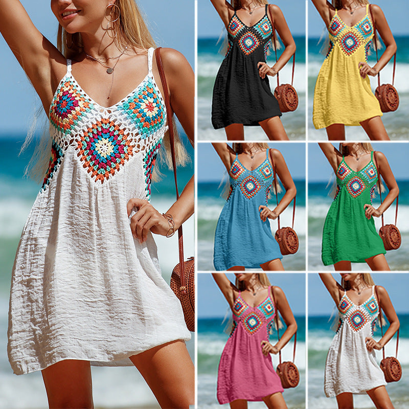 Lovemi -  Summer Sleeveless Dress Bohemia Stitching Colorful Pattern V-neck Hollow Beach Dress