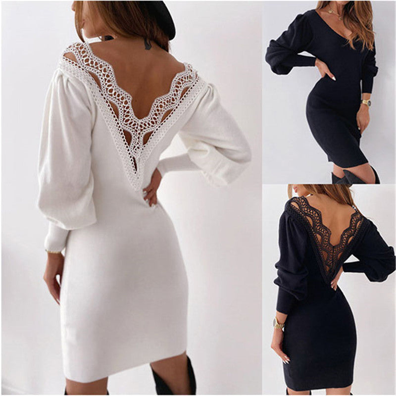 Lovemi -  Sultry Thick Lace V-Neck Dress with Sexy Backless Hollow Design