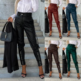 Lovemi -  Fashion Slim-fitting Leather Trousers Women Waist-cinching Zipper Design Pants With Pockets