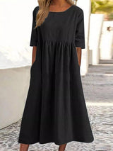 Women's Fashion Casual Cotton Linen Short Sleeve Pocket Dress
