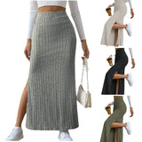 Lovemi -  Spring Long Skirt High Waist Side Slit Slim Fit Knitted Women's Dress