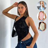 Lovemi -  Ins Lace Backless Top Summer Solid Color Waistless Asymmetrical Sloped Neck Vest Streetwear Womens Clothes