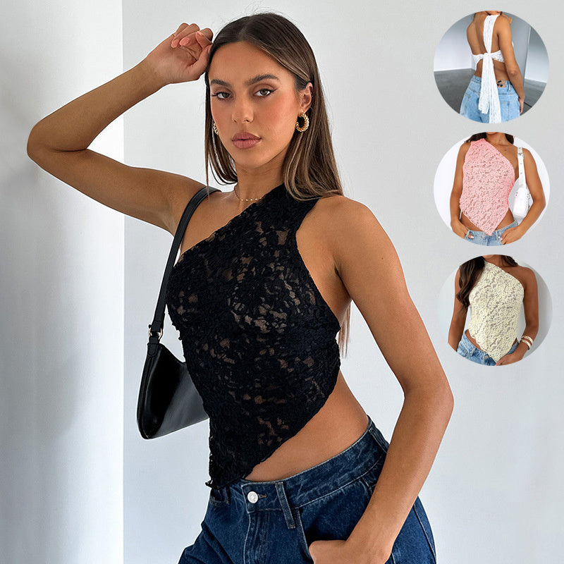 Ins Lace Backless Top Summer Solid Color Waistless Asymmetrical Sloped Neck Vest Streetwear Womens Clothes