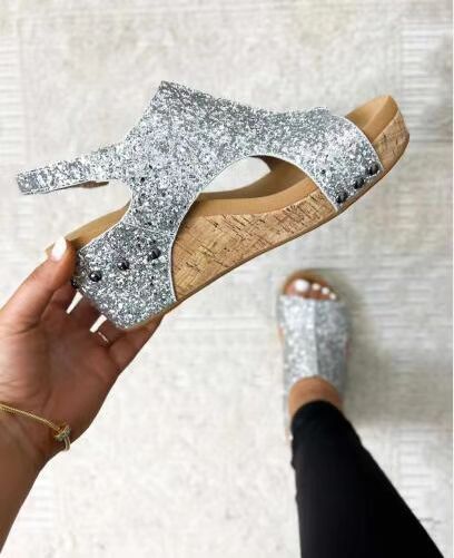 Lovemi -  Summer Chunky Wedges Sandals Fashion Sequins Velcro Shoes Women