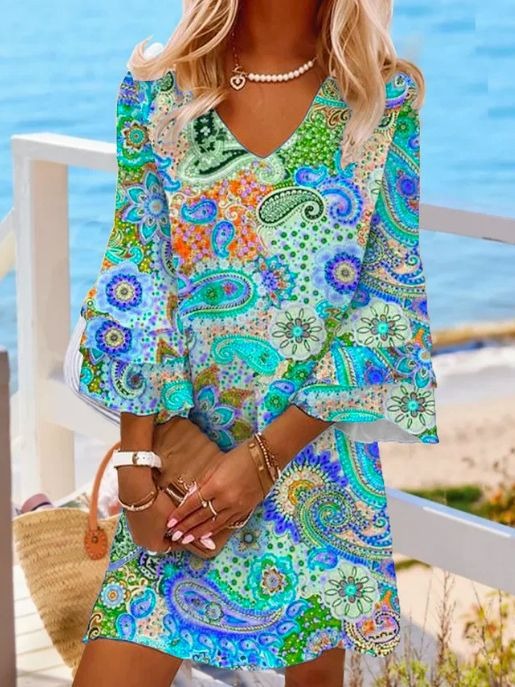 Lovemi -  V-neck loose fitting short skirt printed beach vacation dress