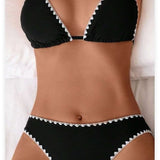 Solid-color Floral-print Halter-style Two-piece Swimsuit