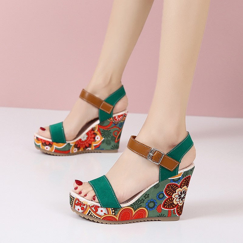 Lovemi -  Floral Embroidered High Wedge Sandals