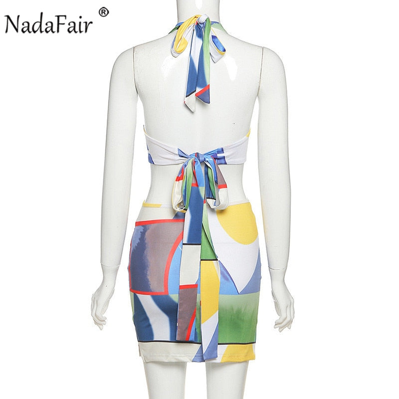 Nadafair Multi Print Mini Dress Bodycon Festival Club Outfits Women Backless Tie Halter Neck Summer Beach Cut Out Sexy Dress
