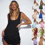 Solid Color Sleeveless Dress With Drawstring Design Fashion Sexy Beach Bikini Top Cover-up Skirt For Womens Clothing