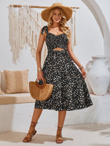Summer Fashion Women's Printed Hollow Bundle Shoulder Strap Dress